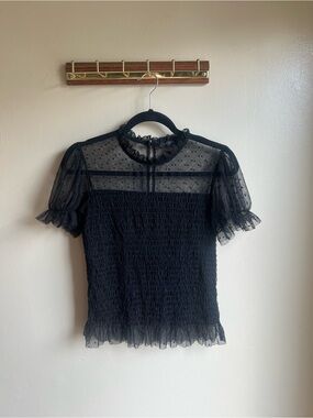 Scobe Y2K Sheer Lace Smocked Blouse Office Siren Romantic Top